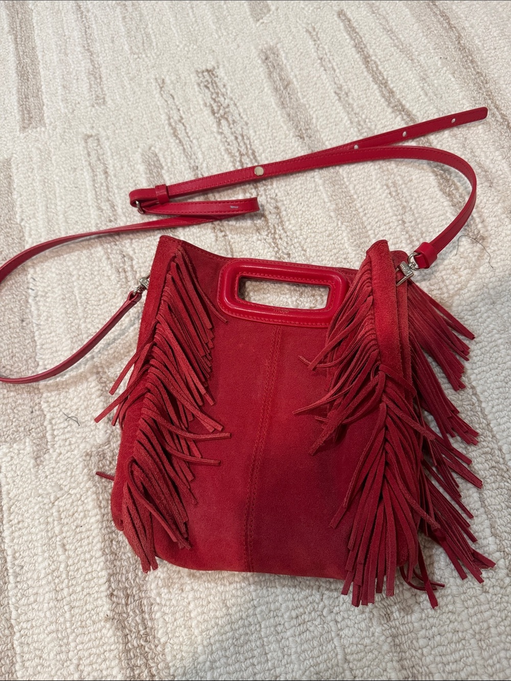 Maje Red Suede Fringe Crossbody Bag